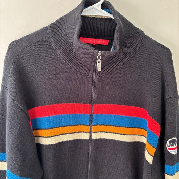 Vintage Y2K FCUK Jeans French Connection Retro Striped Full Zip Sweater Size XL - Picture 2 of 8